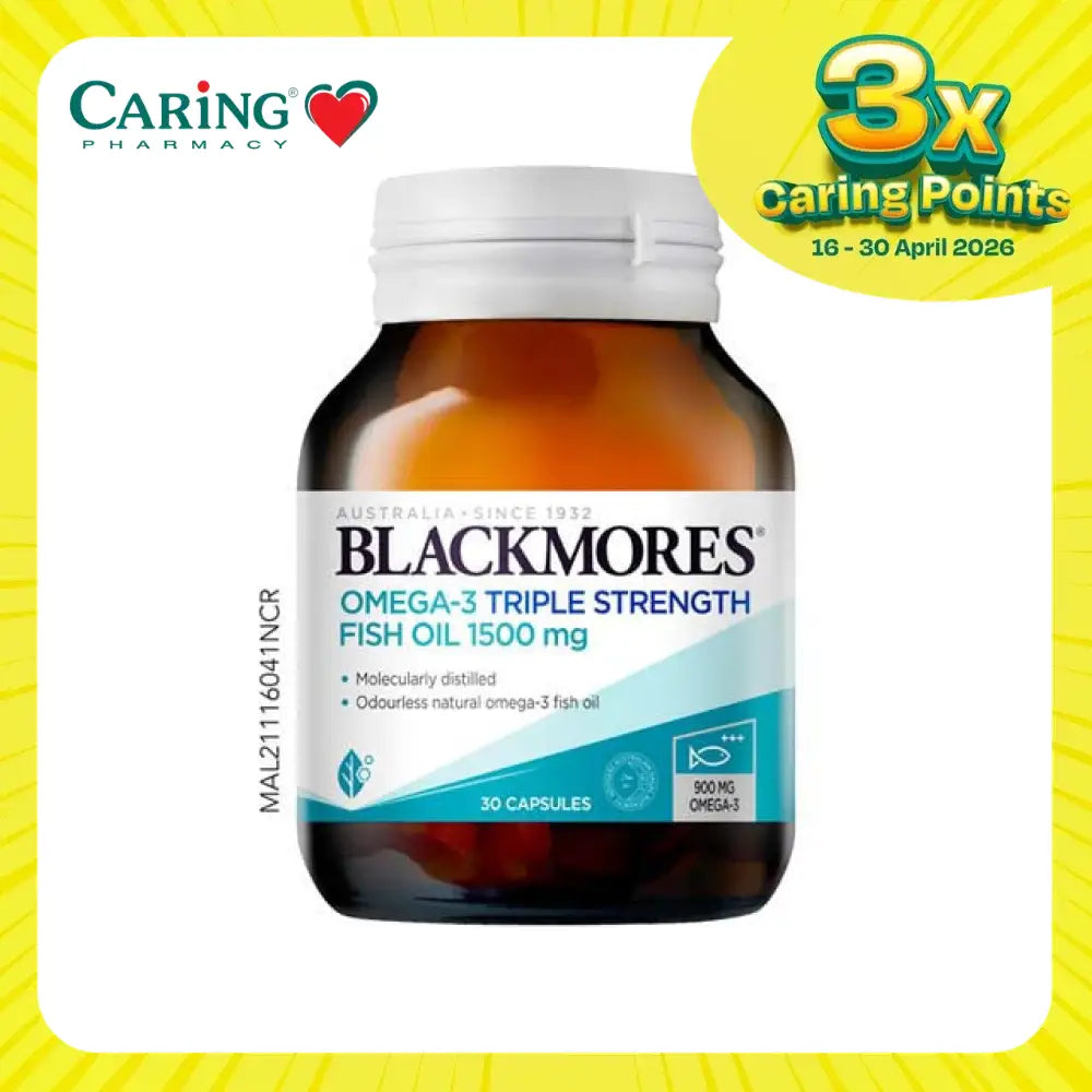 Blackmores Omega-3 Triple Strength Fish Oil 1500 mg in a bottle with 30 capsules for health support