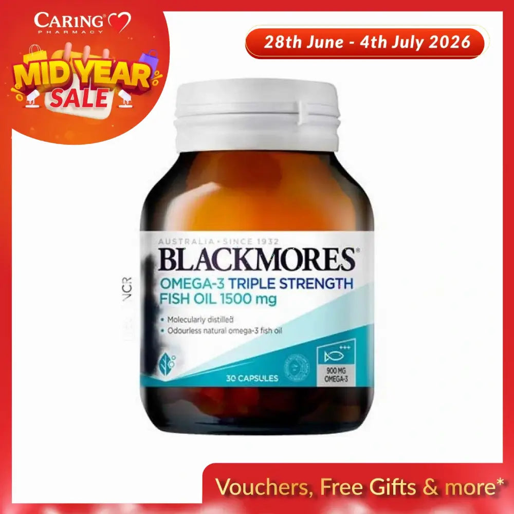 Blackmores Omega-3 Triple Strength Fish Oil 1500 mg in a bottle with 30 capsules for health support