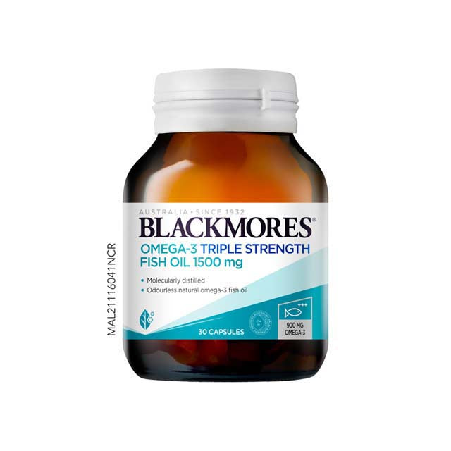 Blackmores Omega-3 Triple Strength Fish Oil 1500 mg in a bottle with 30 capsules for health support