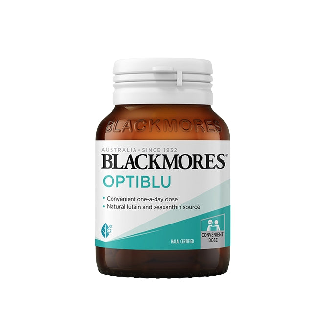 Blackmores Optiblu tablets in a brown bottle with convenient one-a-day dose for eye health