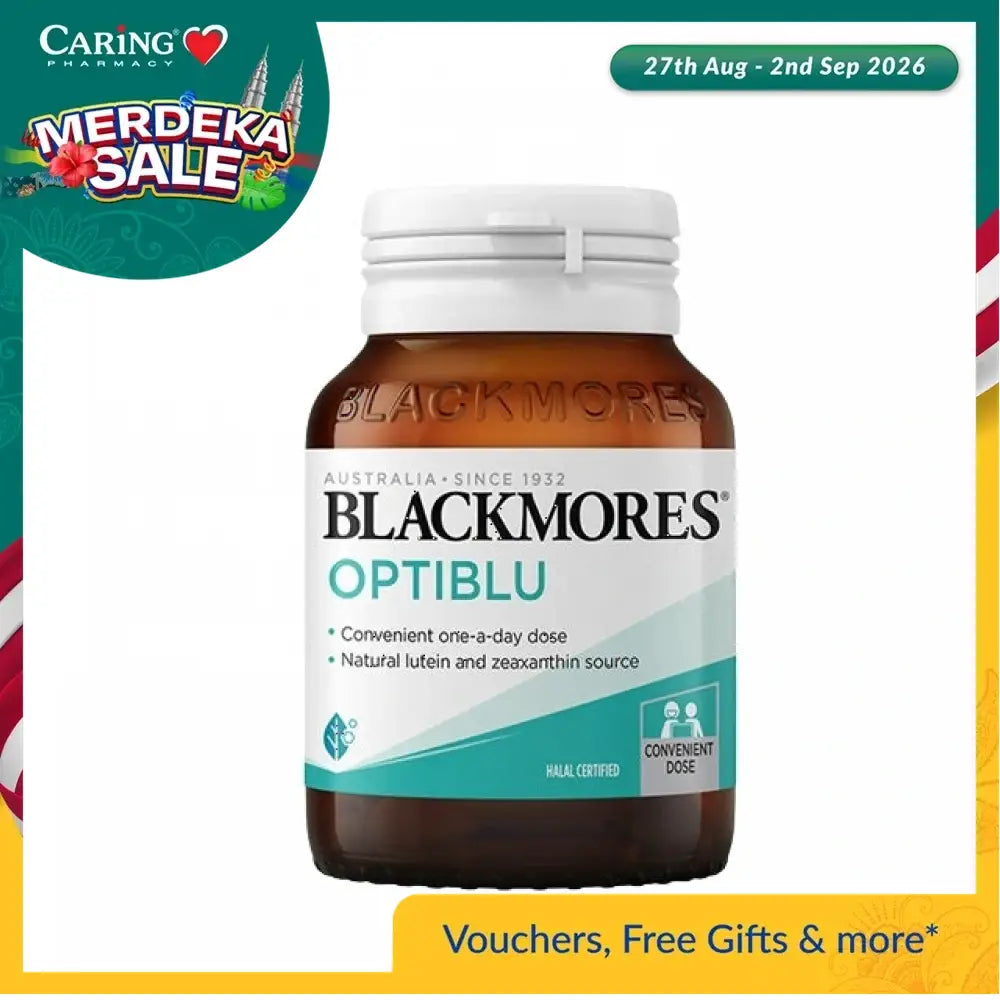 Blackmores Optiblu tablets in a brown bottle with convenient one-a-day dose for eye health