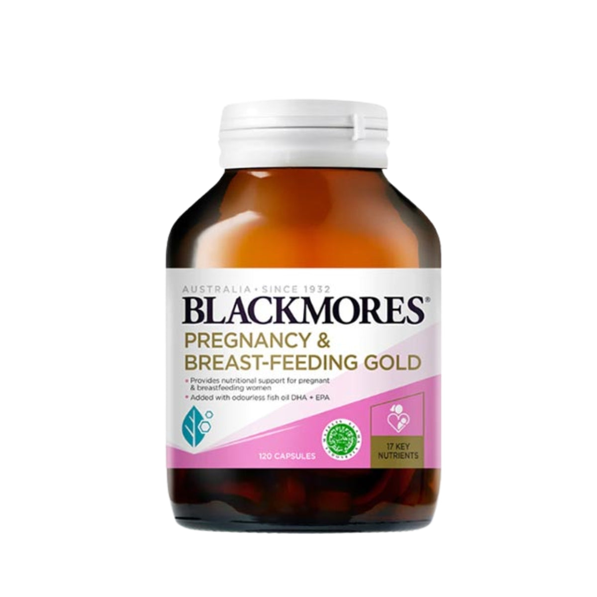 Blackmores Pregnancy & Breast-Feeding Gold supplements in a bottle of 120 capsules for maternal health