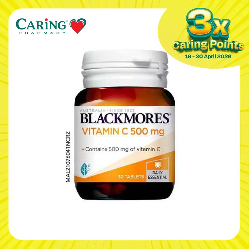 Blackmores Vitamin C 500mg tablets in a bottle containing 30 tablets for immune support