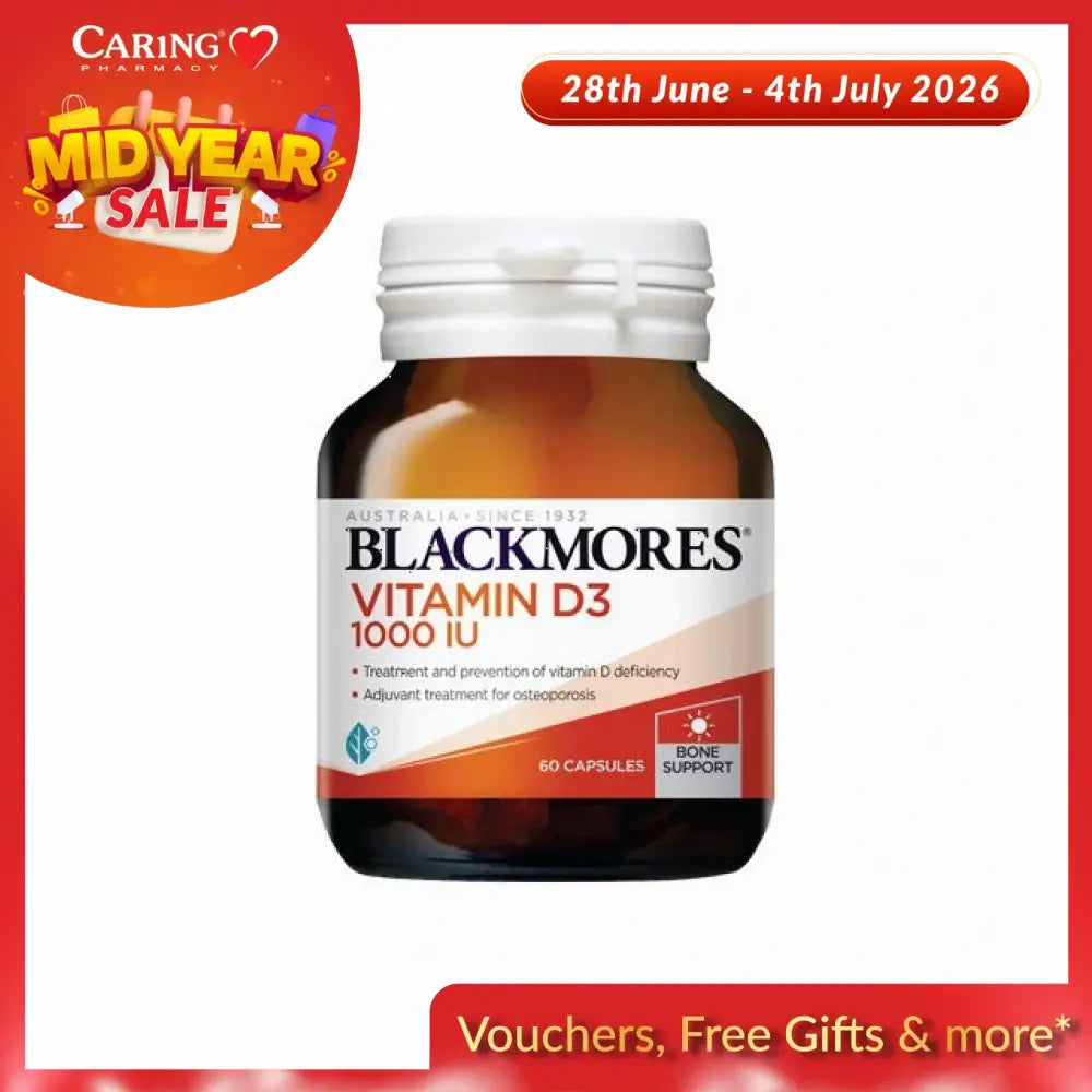 Blackmores Vitamin D3 1000IU supplement bottle with 60 capsules for bone support