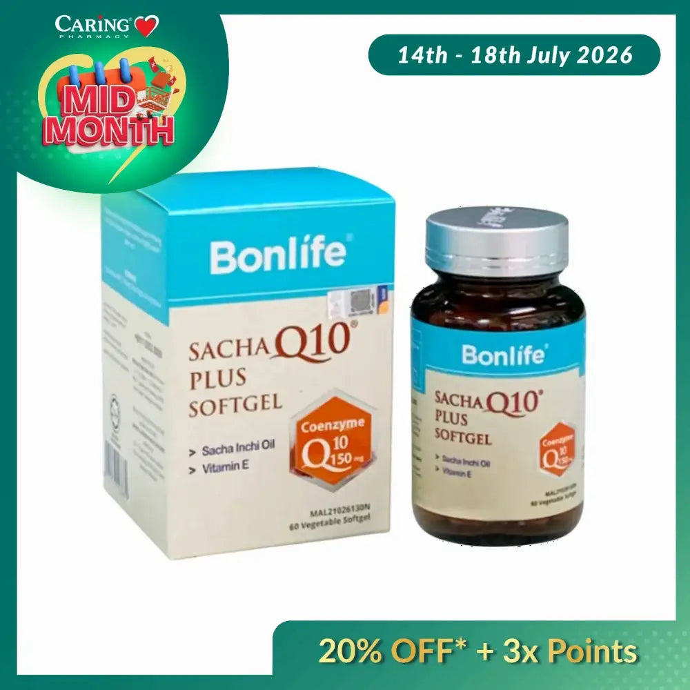 Bonlife Sacha Q10 Plus Softgel packaging and bottle on a white background with Caring Store logo.
