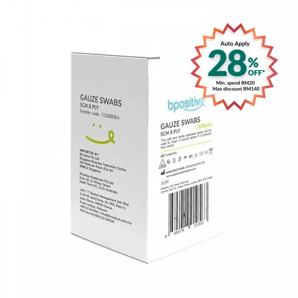 BPOSITIVE GAUZE SWABS 5CMX5CM 8PLY 100S