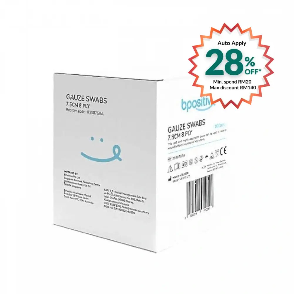 BPOSITIVE GAUZE SWABS 7.5CMX7.5CM 8PLY 100S