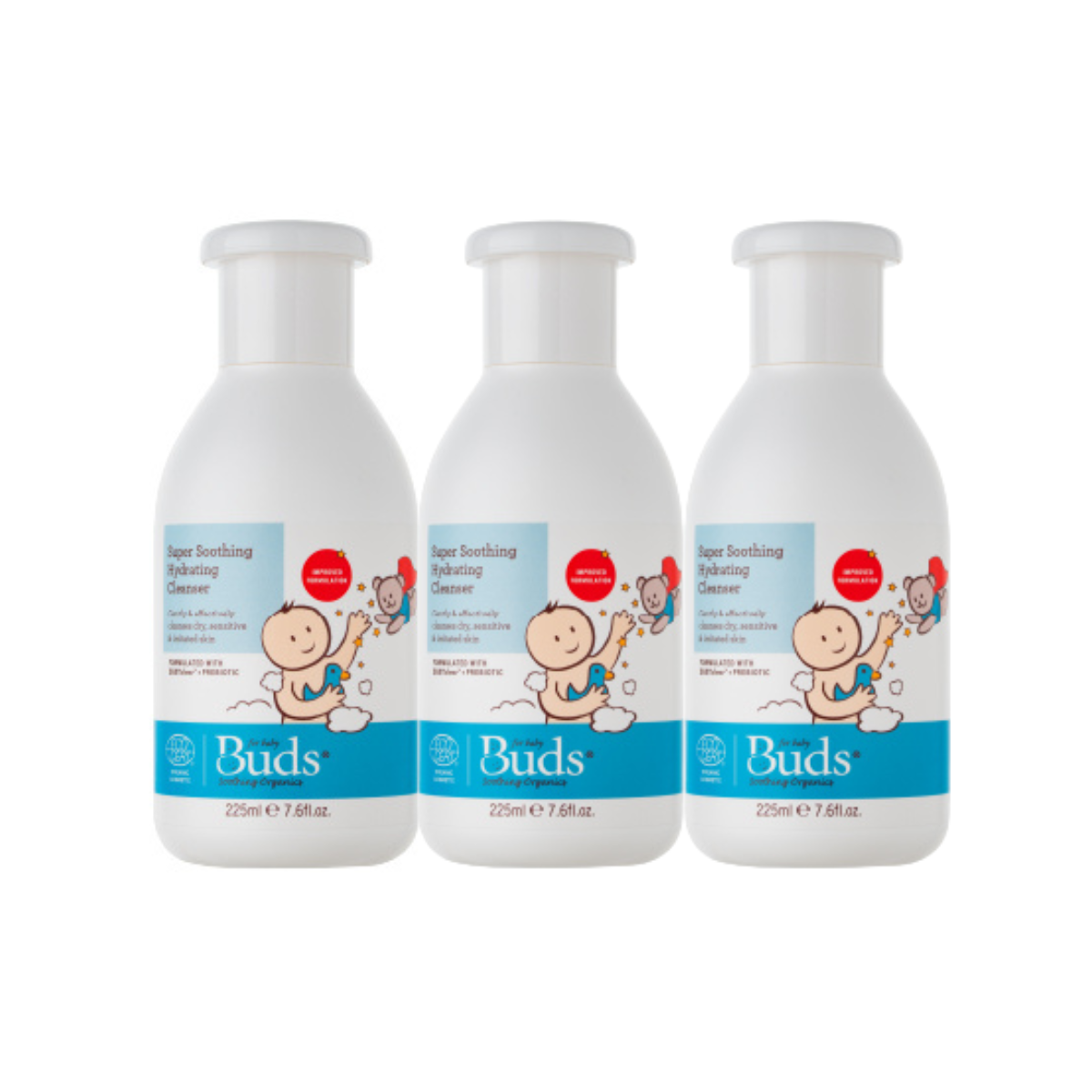 Buds baby hydrating cleanser trio in 225ml bottles for gentle skin care for infants
