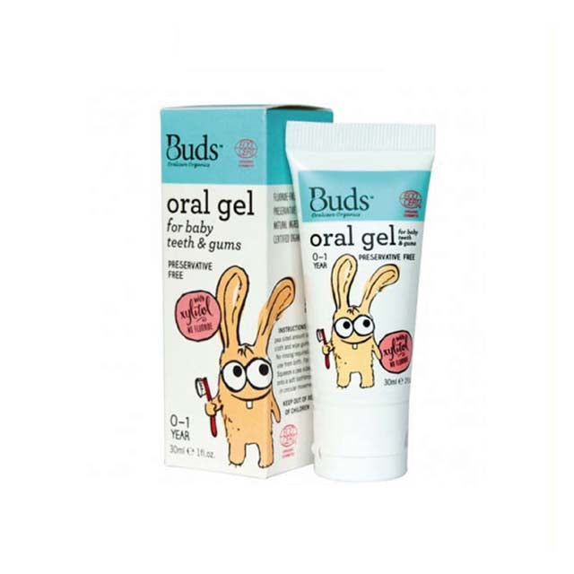 Buds baby oral gel for teeth and gums in a 30ml tube for infants, preservative free formula