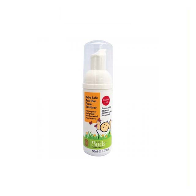 Buds baby safe foam sanitizer in a 50ml bottle for gentle and effective cleaning