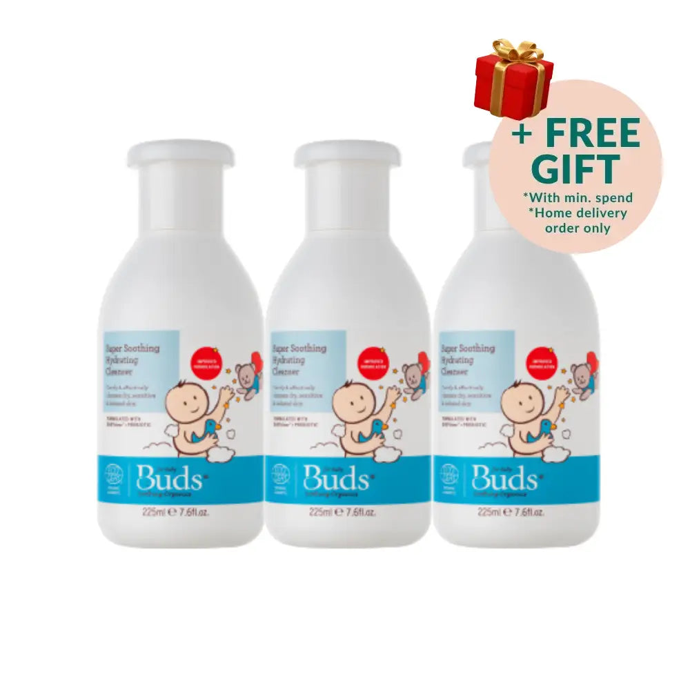 Buds baby hydrating cleanser trio in 225ml bottles for gentle skin care for infants
