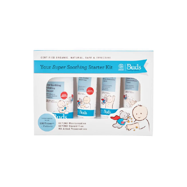 Buds BB Super Soothing Trial Kit with four certified organic baby care products in a gift box