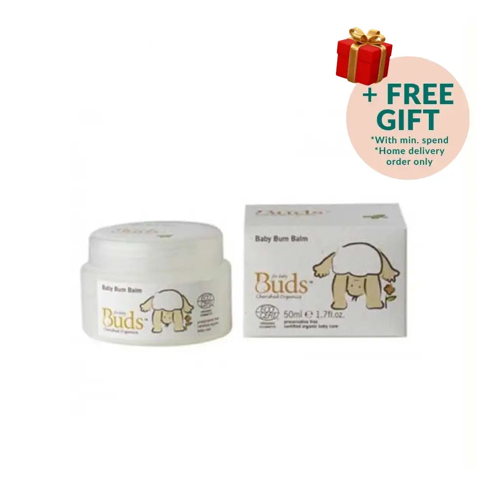 Buds Organic Baby Bum Balm in a 50ml jar with cartoon character on the packaging for gentle skincare