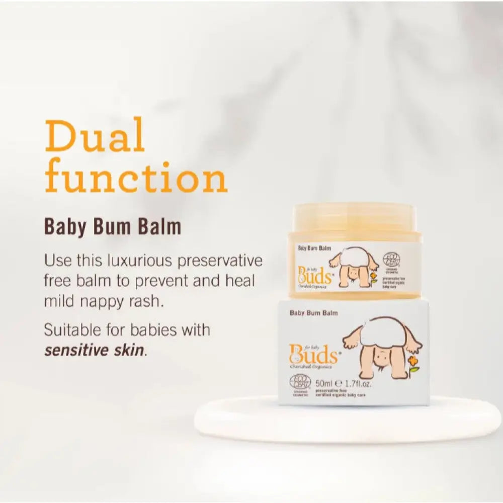Buds Organic Baby Bum Balm in a jar, designed to prevent and heal nappy rash for sensitive skin
