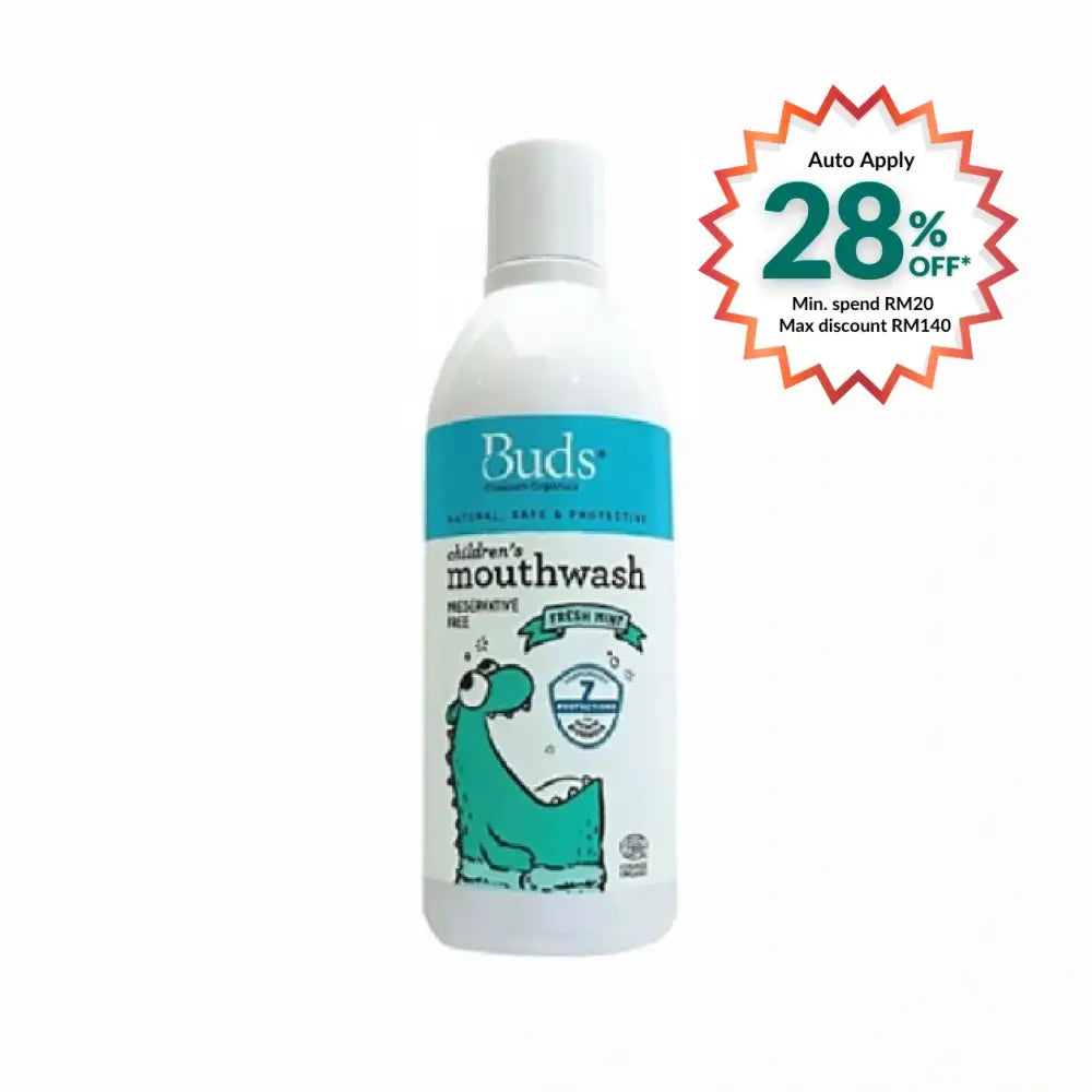 BUDS children's mouthwash fresh mint with a playful dinosaur design for kids' oral care