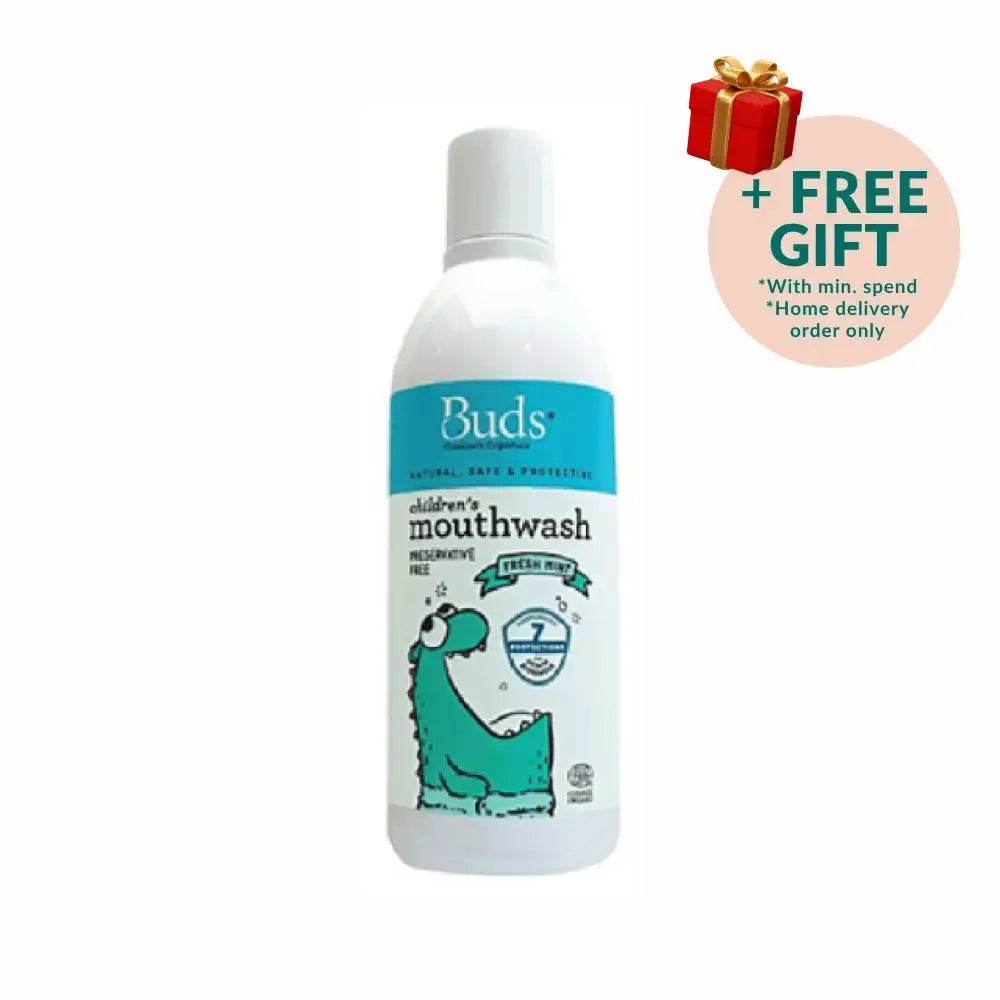 BUDS children's mouthwash fresh mint with a playful dinosaur design for kids' oral care