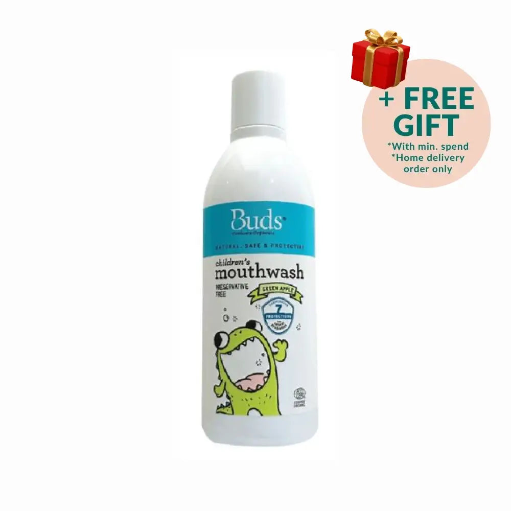 Buds kids green apple mouthwash in a white bottle with a fun monster design for children's dental care