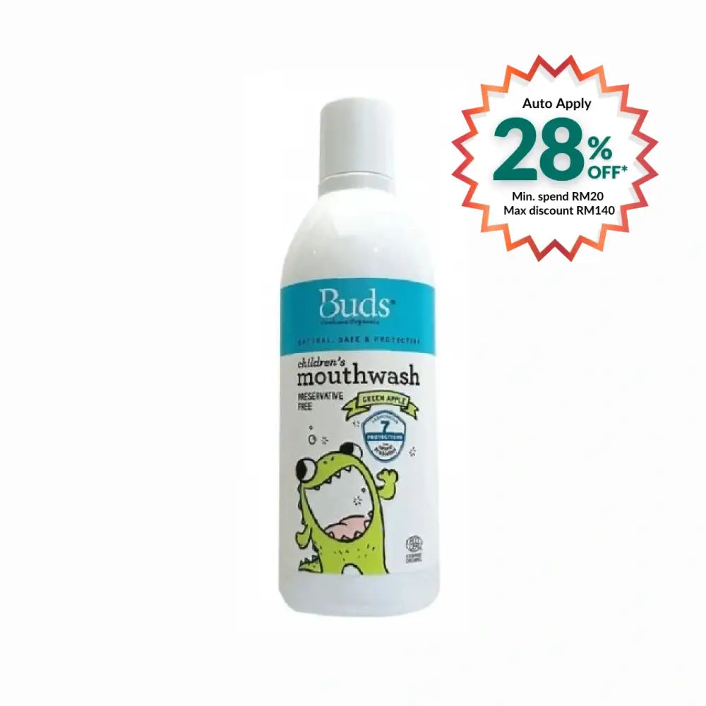 Buds kids green apple mouthwash in a white bottle with a fun monster design for children's dental care