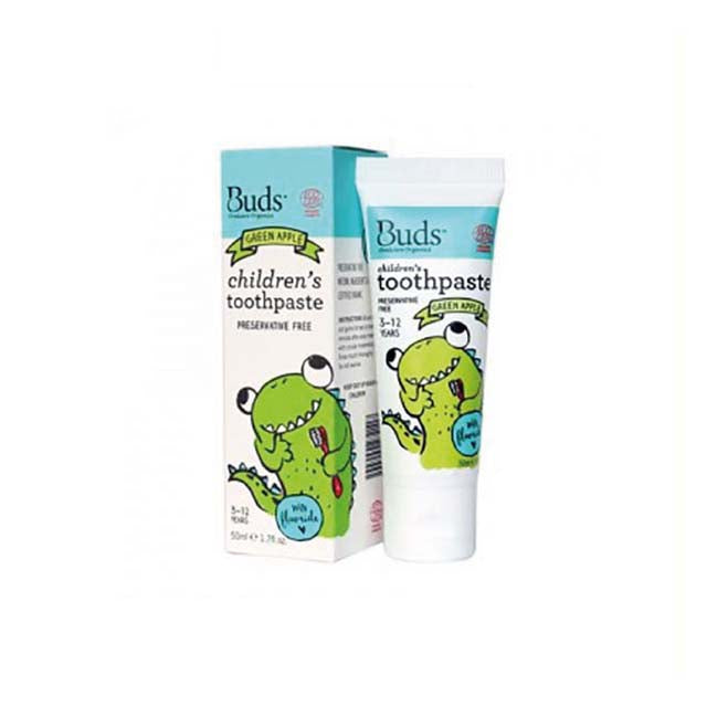 BUDS children's fluoride toothpaste green apple in a colorful tube with a fun design for kids