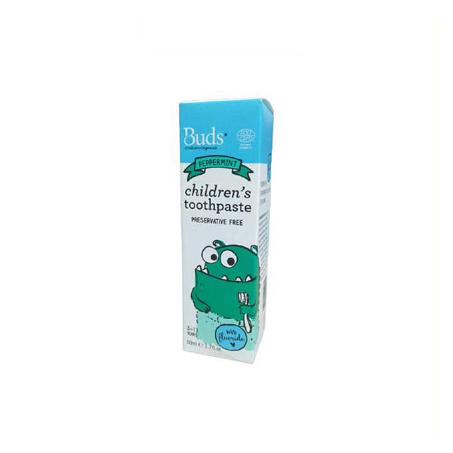 Buds children's fluoride toothpaste peppermint in a colorful packaging for kids dental care