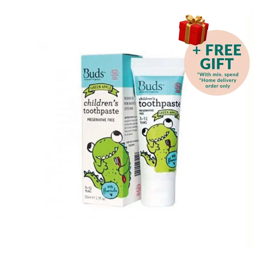 BUDS children's fluoride toothpaste green apple in a colorful tube with a fun design for kids