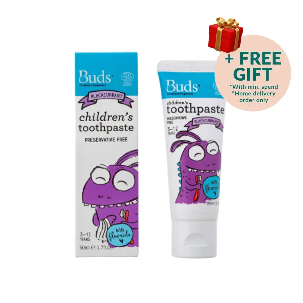 BUDS children's toothpaste with fluoride in blackcurrant flavor, suitable for kids aged 3-12 years