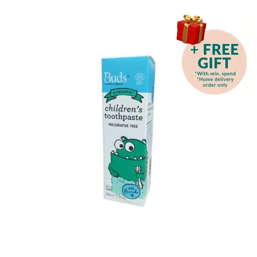 Buds children's fluoride toothpaste peppermint in a colorful packaging for kids dental care