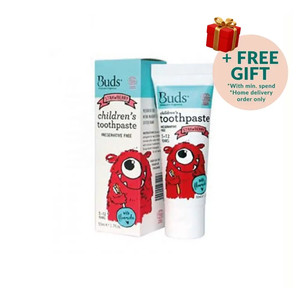 Buds kids fluoride toothpaste strawberry in a 50ml tube, safe and effective for children's dental care