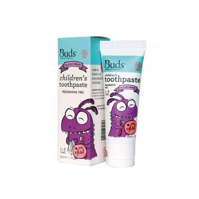 Buds children's toothpaste xylitol 1-3 years in a tube with playful monster design and preservative-free formula