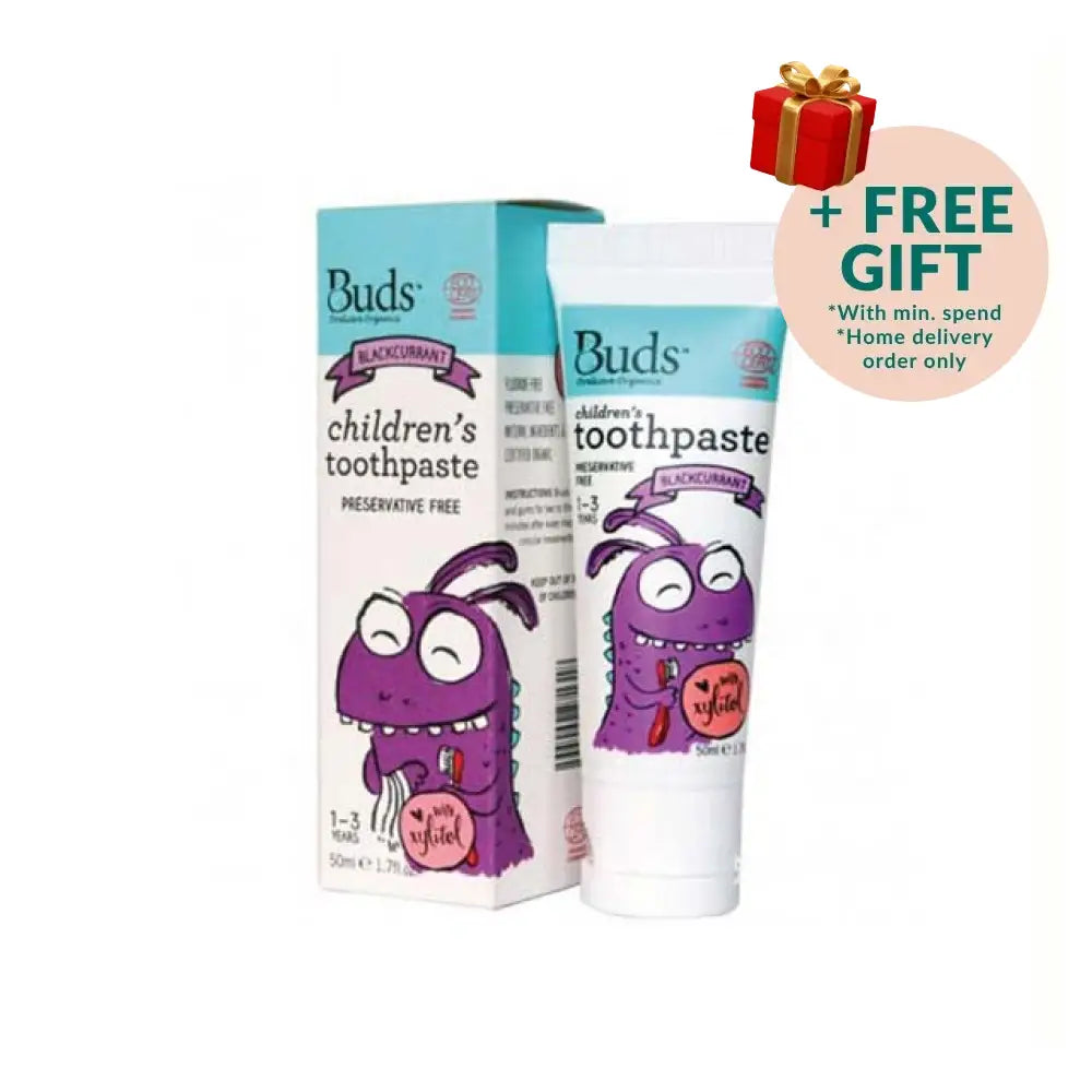 Buds children's toothpaste xylitol 1-3 years in a tube with playful monster design and preservative-free formula