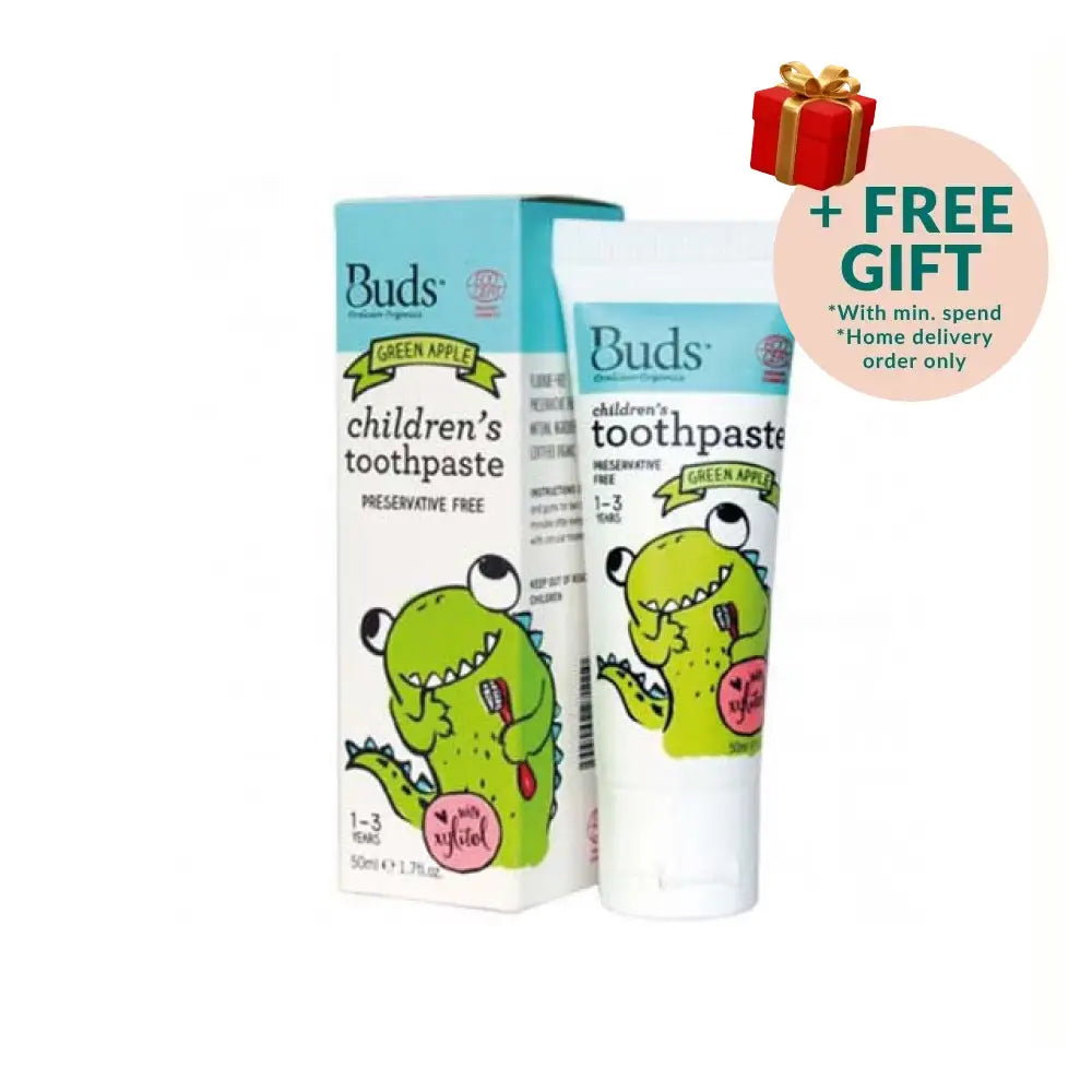 BUDS children's toothpaste with xylitol in green apple flavor for kids aged 1-3, preservative-free formula