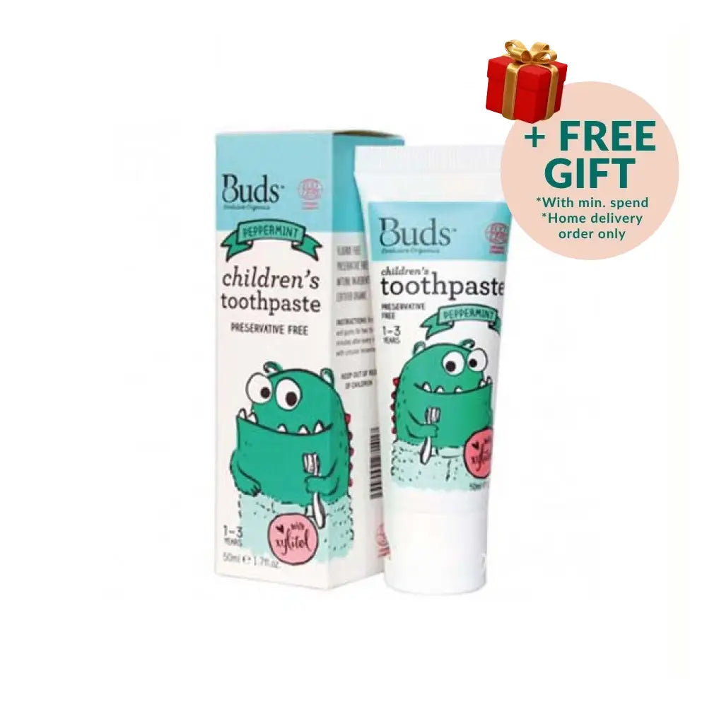 Buds children's toothpaste xylitol ages 1-3 in peppermint flavor, preservative free, 50ml tube