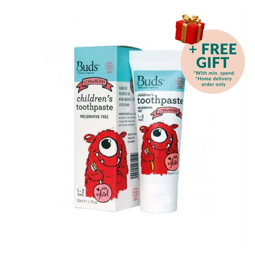 Buds children's toothpaste xylitol strawberry in a 50ml tube, preservative-free for kids' dental care