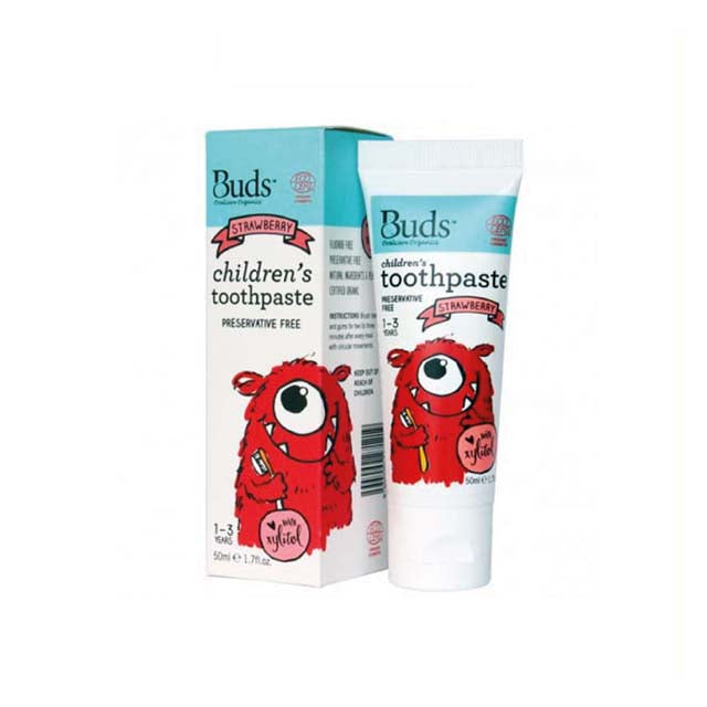 Buds children's toothpaste xylitol strawberry in a 50ml tube, preservative-free for kids' dental care