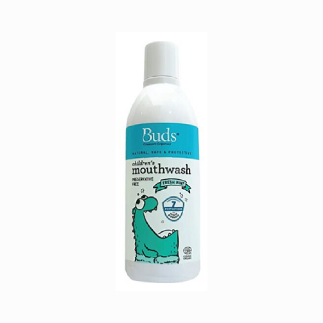 BUDS children's mouthwash fresh mint with a playful dinosaur design for kids' oral care