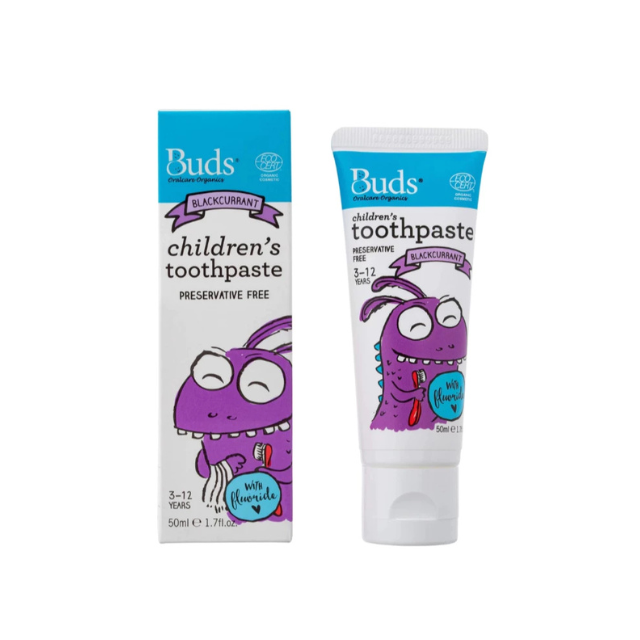 BUDS children's toothpaste with fluoride in blackcurrant flavor, suitable for kids aged 3-12 years