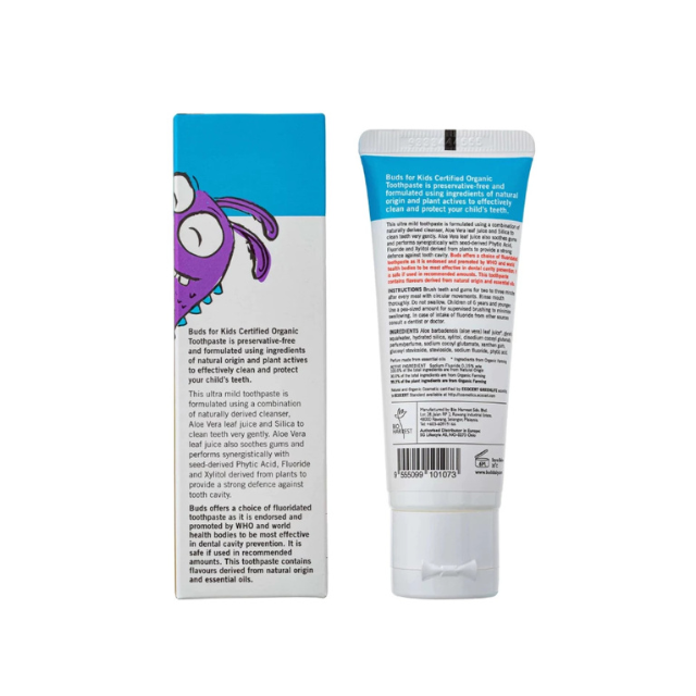 BUDS children's toothpaste with fluoride in a colorful tube for kids with natural flavors