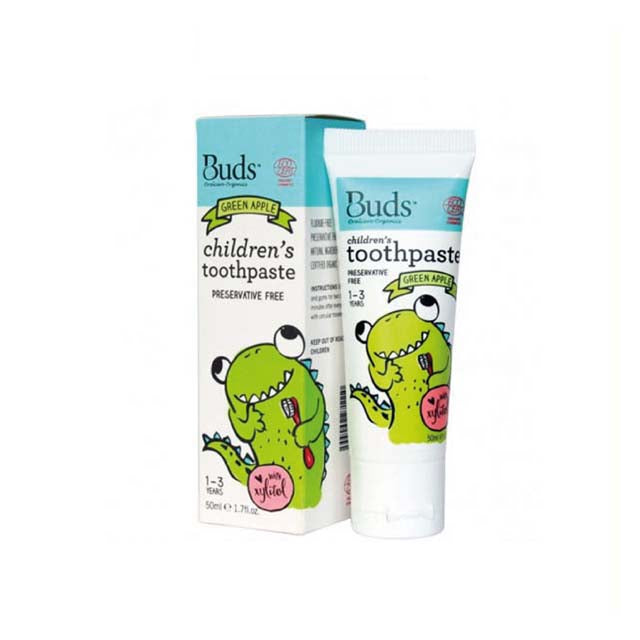 BUDS children's toothpaste with xylitol in green apple flavor for kids aged 1-3, preservative-free formula