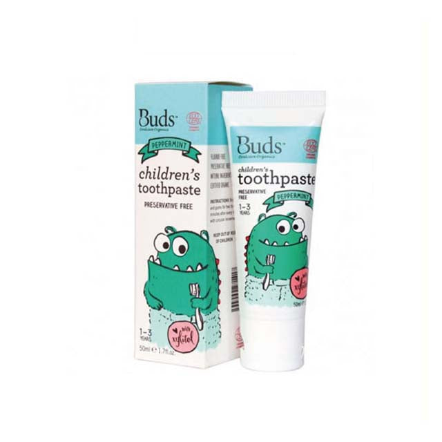 Buds children's toothpaste xylitol ages 1-3 in peppermint flavor, preservative free, 50ml tube