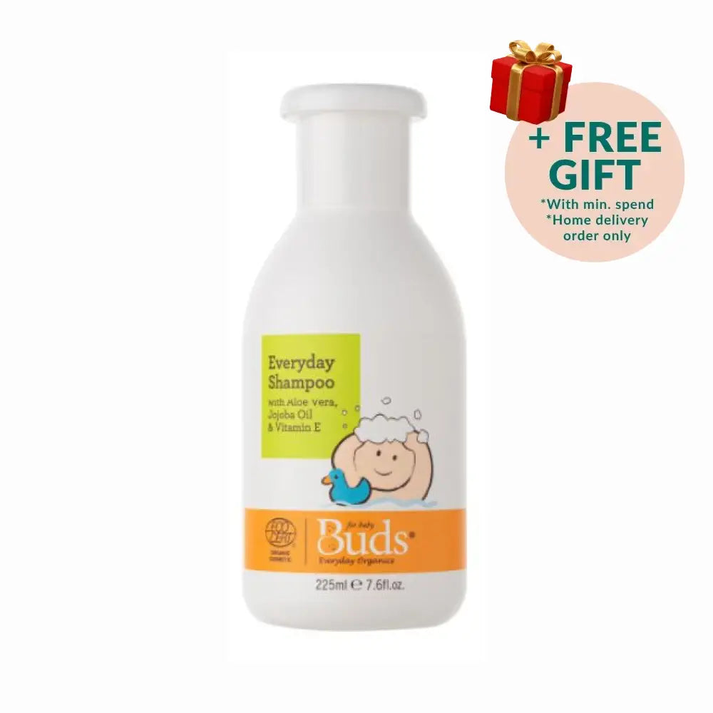 Buds Everyday Shampoo 225ml with aloe vera, jojoba oil, and vitamin E for gentle hair care