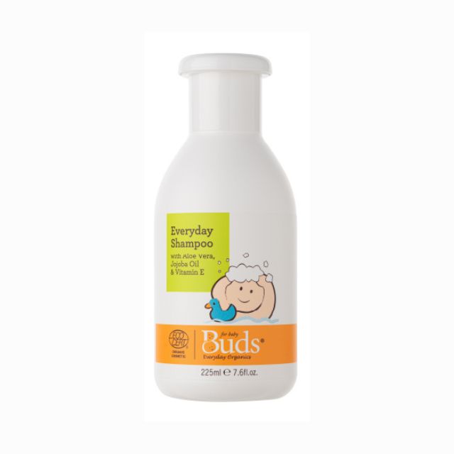 Buds Everyday Shampoo 225ml with aloe vera, jojoba oil, and vitamin E for gentle hair care
