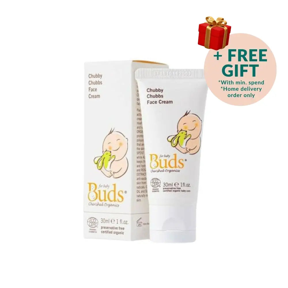 BUDS organic baby face cream in a tube with a cute baby graphic and packaging for gentle skin care