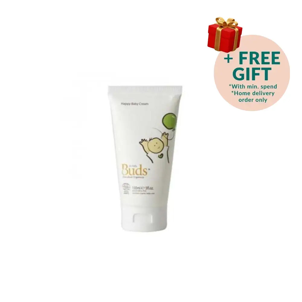 BUDS organic baby cream in a tube with playful baby design for gentle skin care