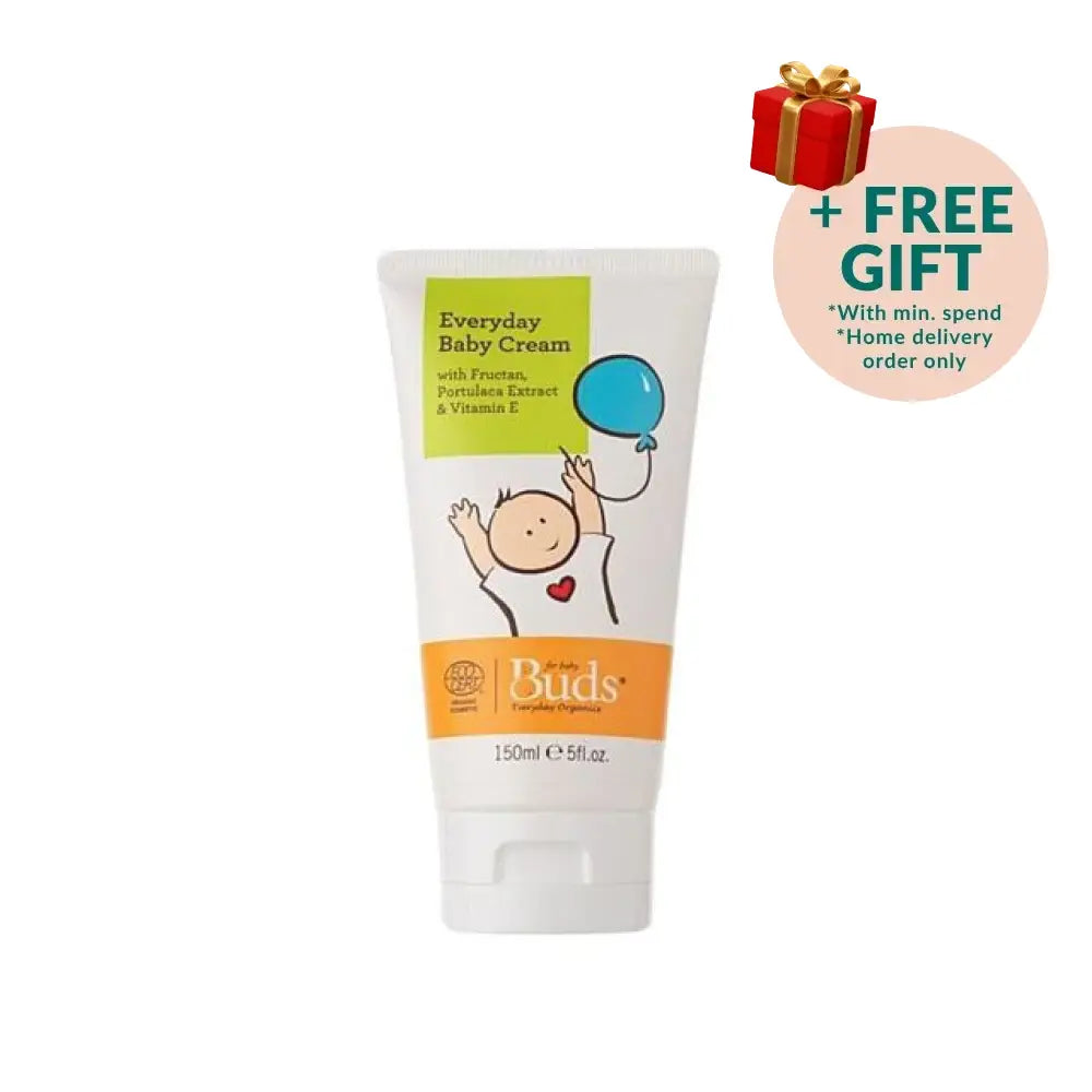 Buds Everyday Baby Cream with Prunus Extract and Vitamin E for delicate skin, 150ml tube of organic baby cream