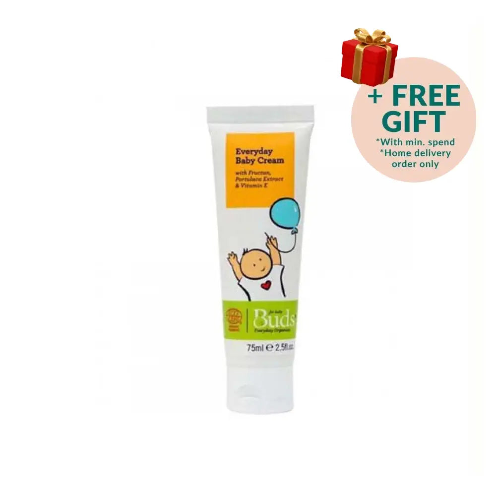 BUDS Everyday Baby Cream in a 75ml tube with natural ingredients for gentle skin care, ideal organic baby cream