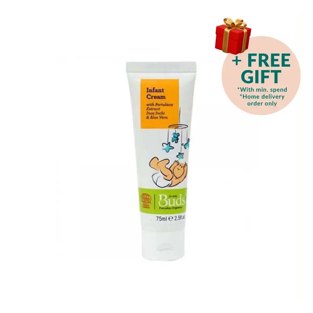 BUDS organic infant cream in a 75ml tube with soothing ingredients like aloe vera