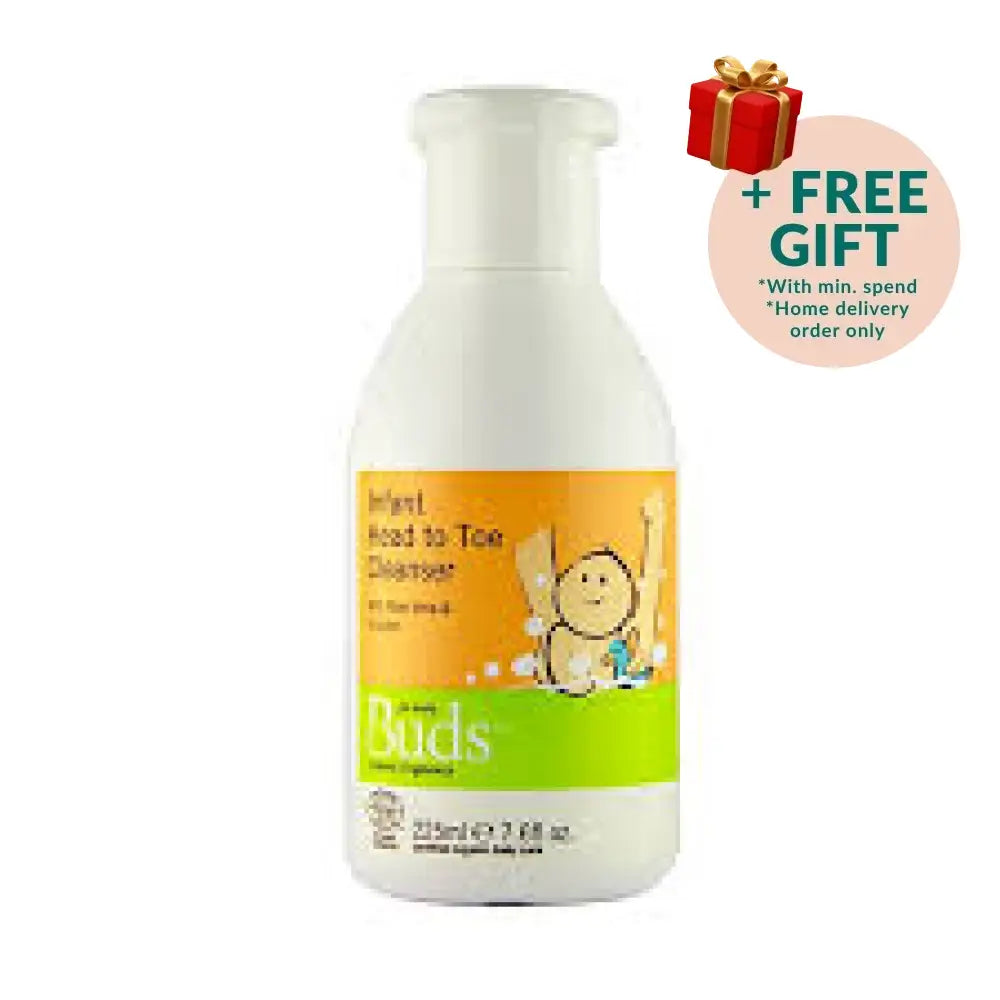BUDS organic baby head to toe cleanser in a 250ml bottle, safe for gentle cleansing of infants