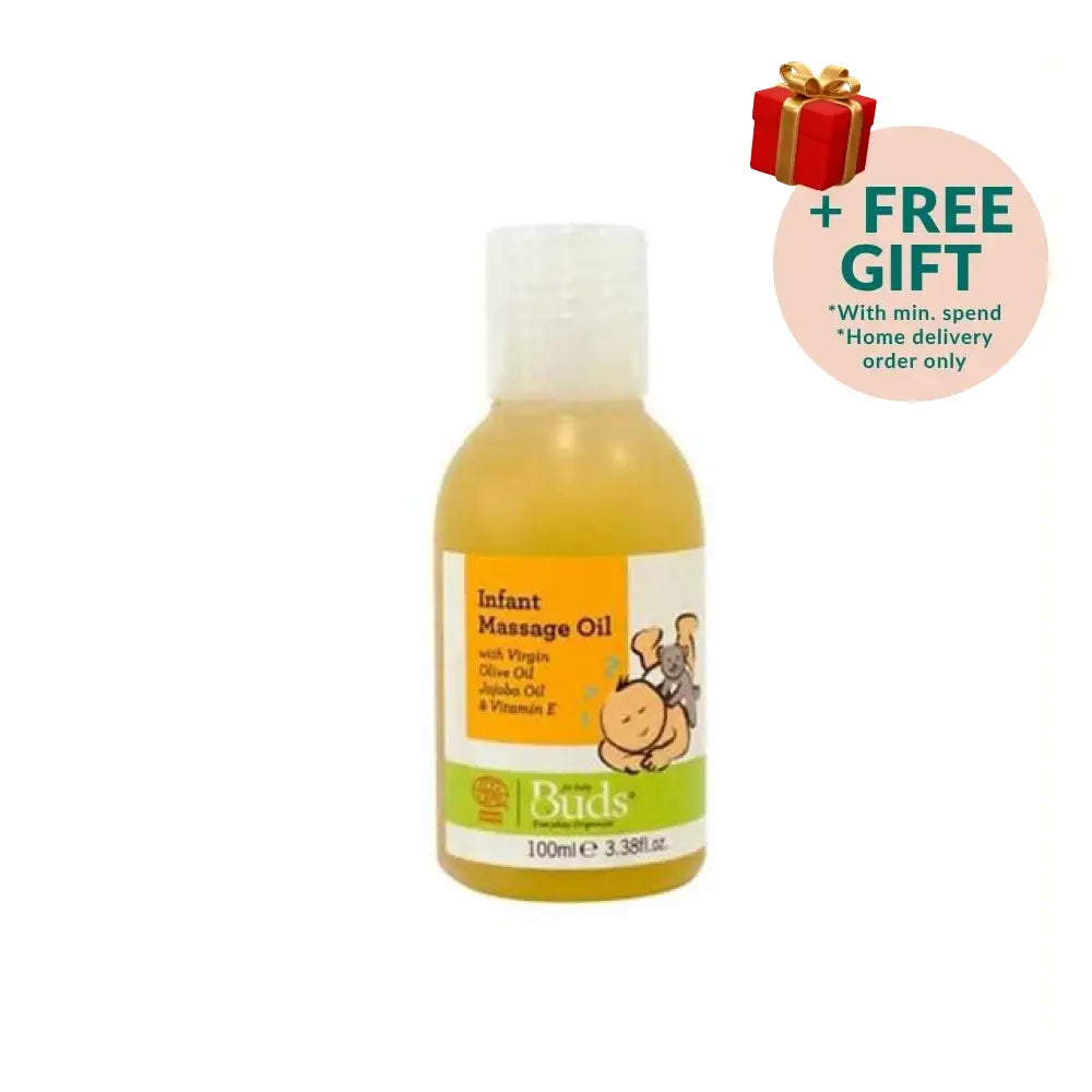 BUDS organic infant massage oil in a 100ml bottle for soothing baby massages