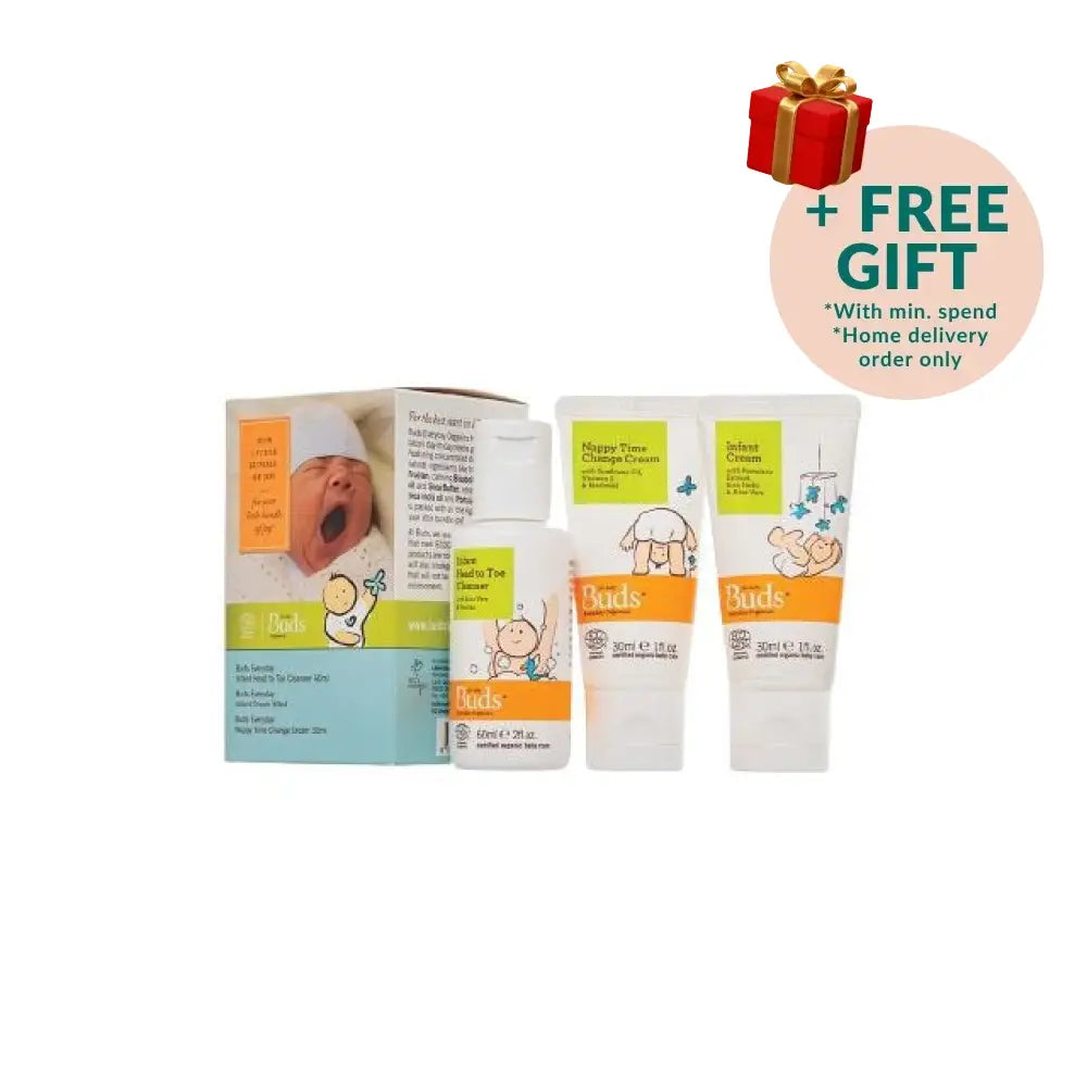 BUDS organic baby starter kit featuring gentle skincare products for newborns in eco-friendly packaging