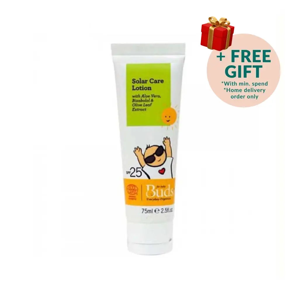 BUDS Organic Baby Sunscreen Lotion SPF 25 with Aloe Vera and Olive Leaf Extract in a 75ml tube